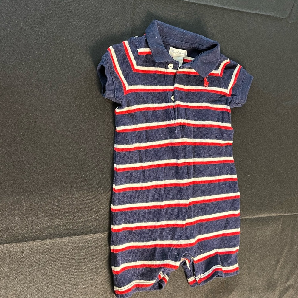 Infant Ralph Lauren blue striped shortall 18M
